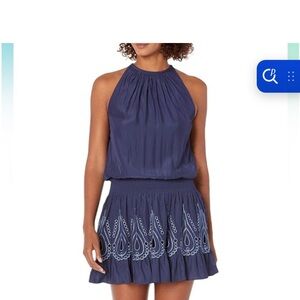 Ramy Brook Navy Halter Dress with Embroidered Hem
